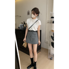 批发时尚休闲牛仔短裙韩版高腰显瘦A字裤裙+小飞袖针织设计感短袖上衣