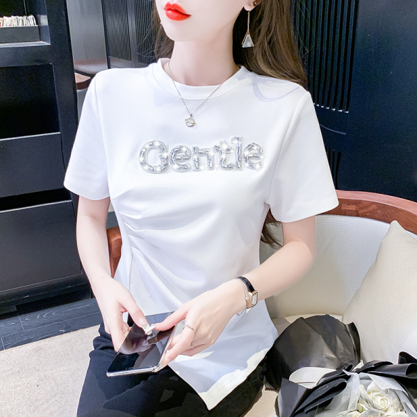 RM10953#短袖不规则修身显瘦T恤重工字母镶钻简约夏季休闲女装上衣