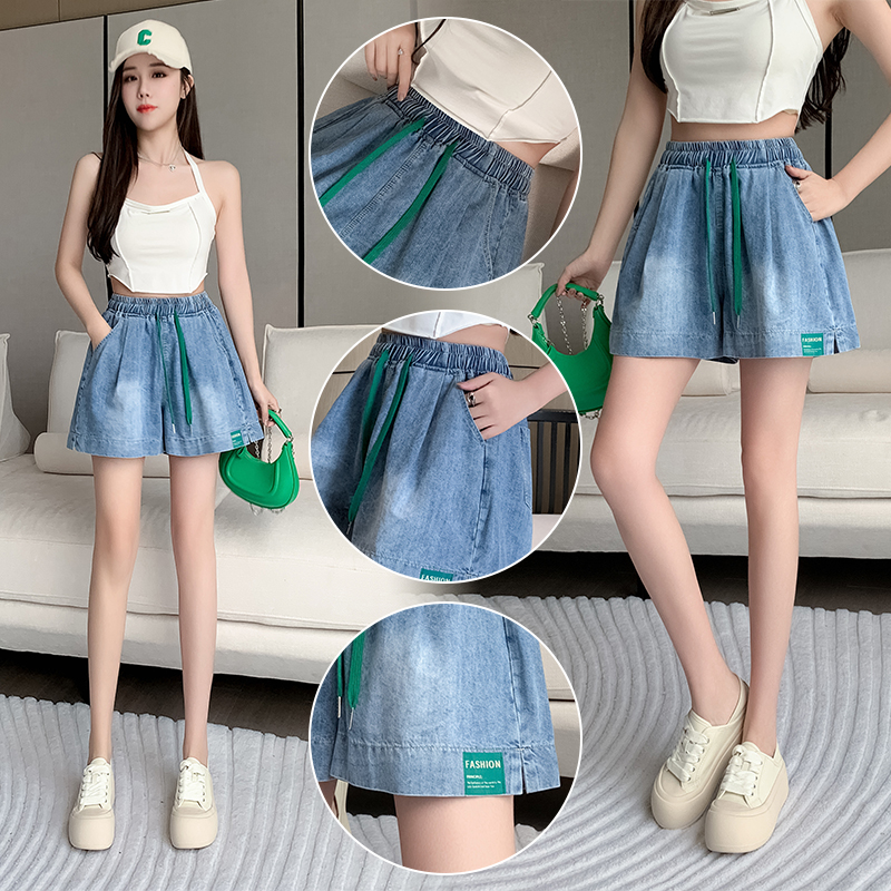 RY4063# 实拍薄款绿色贴标牛仔短裤女2026夏季百搭时尚高腰宽松休闲...