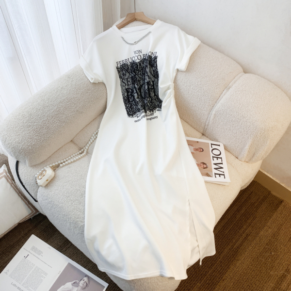 RM10786#韩版字母蕾丝别致连衣裙女夏季设计感抽褶收腰显瘦开叉中长裙