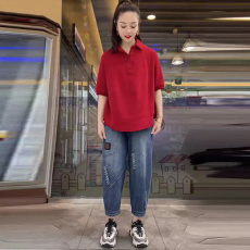 批发纯色POLO衫短袖T恤洋气哈伦2026夏季新款牛仔裤两件套女休闲<b class='q'>套装</b>