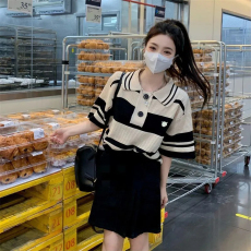 批发polo领短袖T恤女设计感小众夏季chic港味宽松针织短款上<b class='q'>衣服</b>ins潮