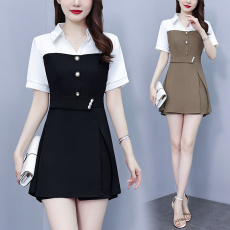 批发实拍大码女装胖mm夏季新款时尚拼接短袖V领气质收腰显瘦短裤套装