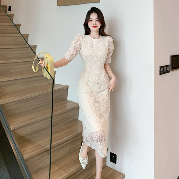 RM10773#法式蕾丝连衣裙女夏季2023新款泡泡袖设计中长款裙子