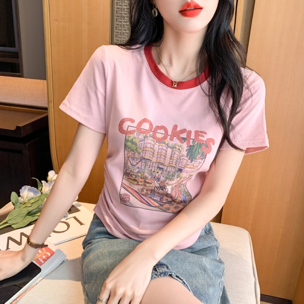 RM21172#短袖T恤女夏装新款网红t恤粉色减龄洋气涂鸦收腰上衣女装