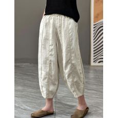 批发夏季新款松紧腰宽松百搭显瘦萝卜<b class='q'>裤</b>文艺<b class='q'>亚麻</b>拼接九分休闲哈伦<b class='q'>裤</b>女