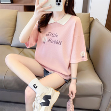 首发实拍 华夫格后包领撞色短袖T恤女薄款POLO领宽松短款大码上衣