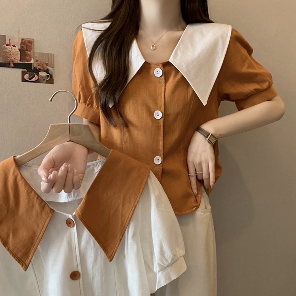 실사 여름 드레스 빅 사이즈 프랑스식 Chic 쇼트 스타일 맨위 거품 소매 셔츠 베이비 칼라 셔츠 m-4xl200 근