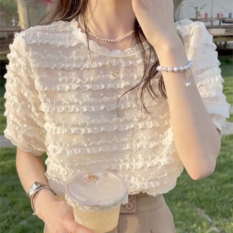 여름 드레스 빅 사이즈 여성 의류 슈퍼 요정 달콤함 레이스 레이스 쉬폰 Chic 거품 소매 외국 가스 작은 셔츠 m-4xl200 근