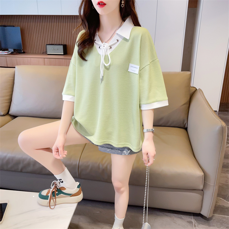 실사 후아 남편 그리드 이후 패키지 칼라 한국 스타일 POLO 칼라 배색 쇼트 스타일 반팔 티셔츠 여성 트렌디
