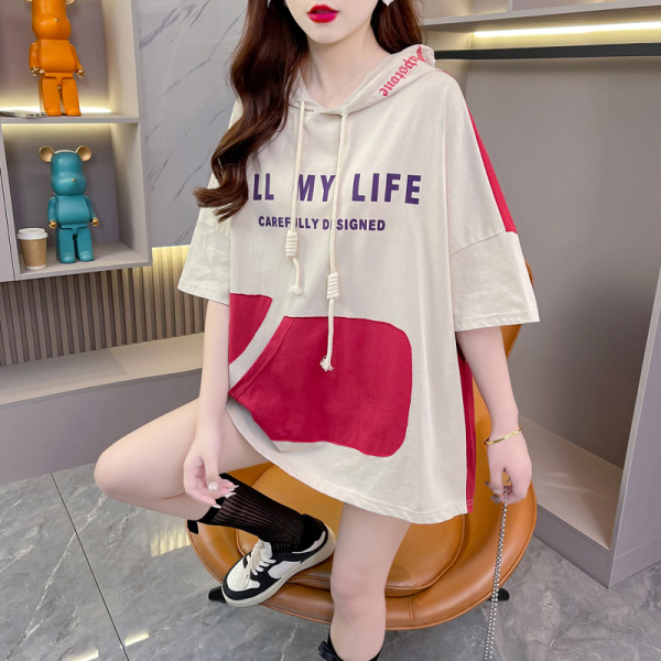 RY1585#夏季韩版宽松后包领特大码300斤中长款连帽拼色短T恤