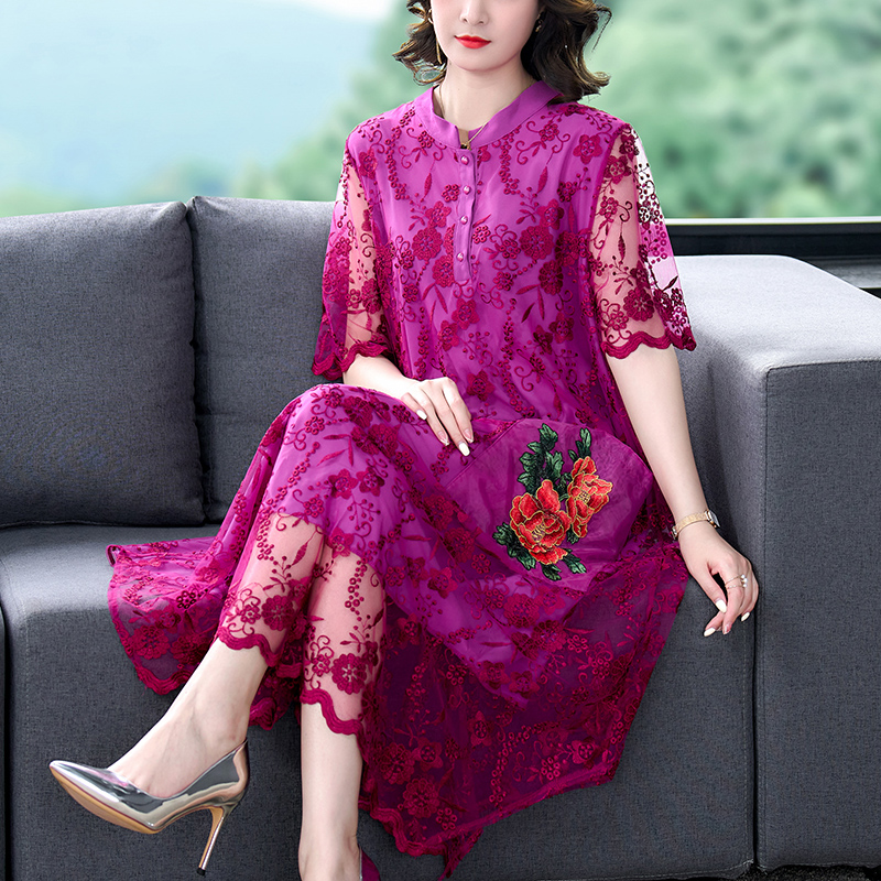 MY2791#潮流休闲刺绣连衣裙夏款百搭优雅高贵宽松显瘦中长裙女裝貨源服裝批發