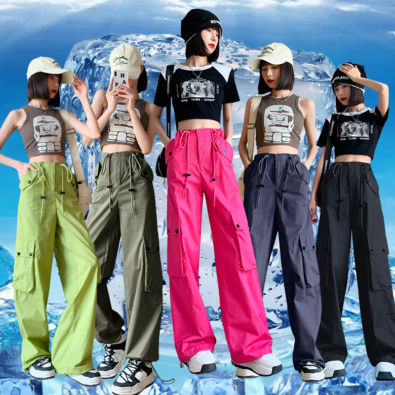 로즈 레드 워크웨어 팬츠 여성 여름 아메리칸 레트로 루즈핏 캐주얼 하이웨이스트 스트레이트 hiphop 작은 키 와이드 레그 팬츠