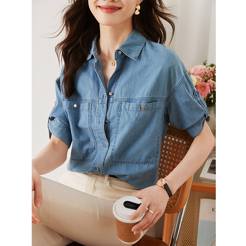 MY2224# 气质翻领牛仔衬衫女夏季新通勤设计感小众复古上衣女裝貨源服裝批發