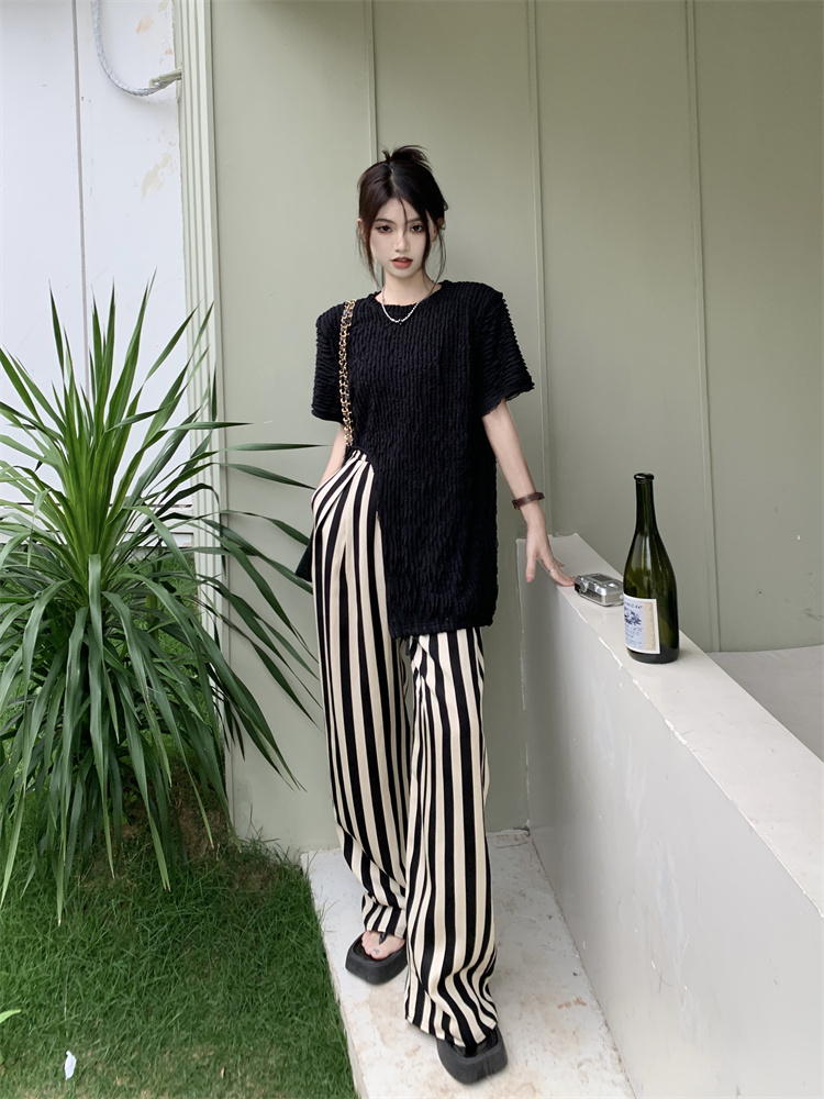 Real shot and real price Korean style irregular pleated top + high waist striped loose wide leg pants