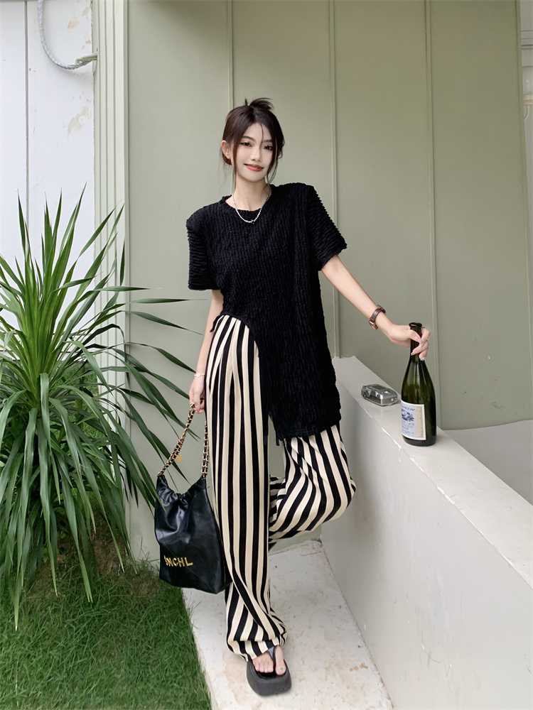 Real shot and real price Korean style irregular pleated top + high waist striped loose wide leg pants