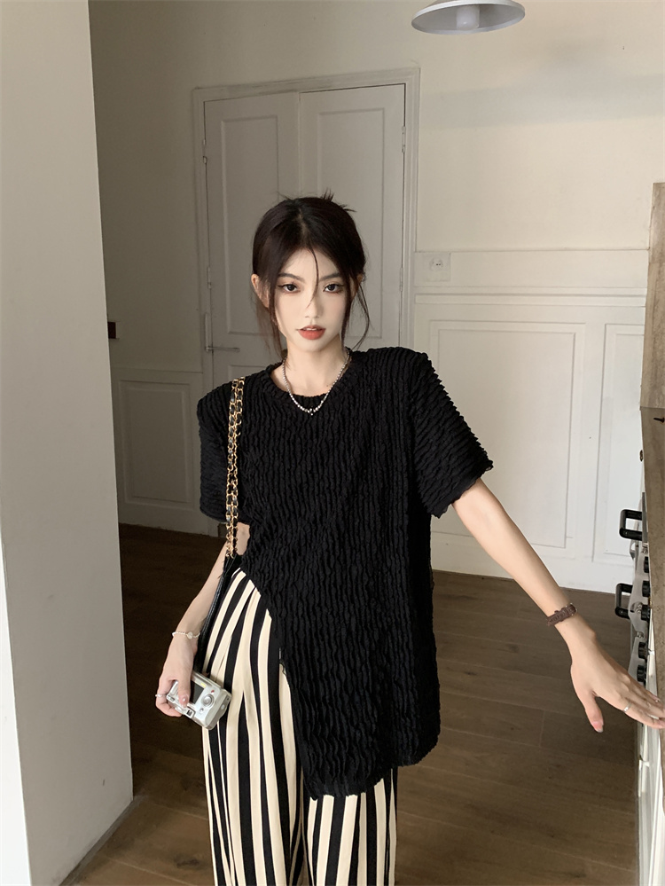 Real shot and real price Korean style irregular pleated top + high waist striped loose wide leg pants