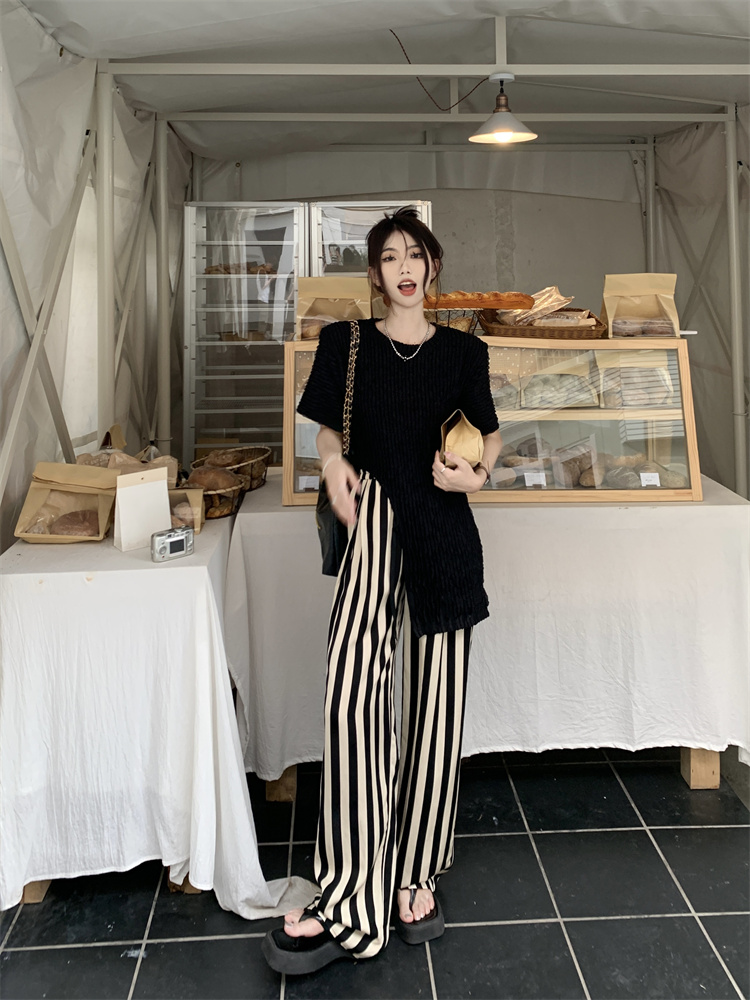 Real shot and real price Korean style irregular pleated top + high waist striped loose wide leg pants