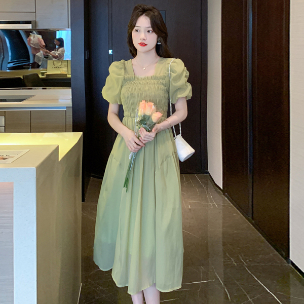 RM11125#泡泡袖雪纺连衣裙子女装春夏季2023年新款小个子气质法式茶...
