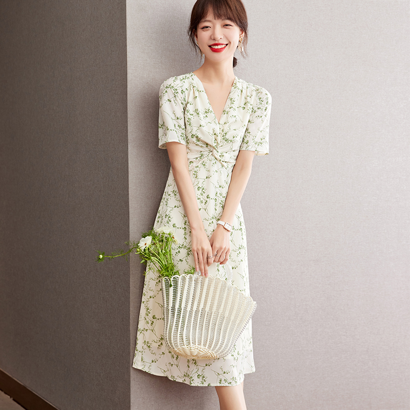 MY2777#夏季碎花气质显瘦修身V领雪纺A字中长连衣裙女裝貨源服裝批發