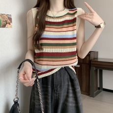 2023实拍夏季新款条纹拼色无袖气质上衣韩版百搭针织衫背心女