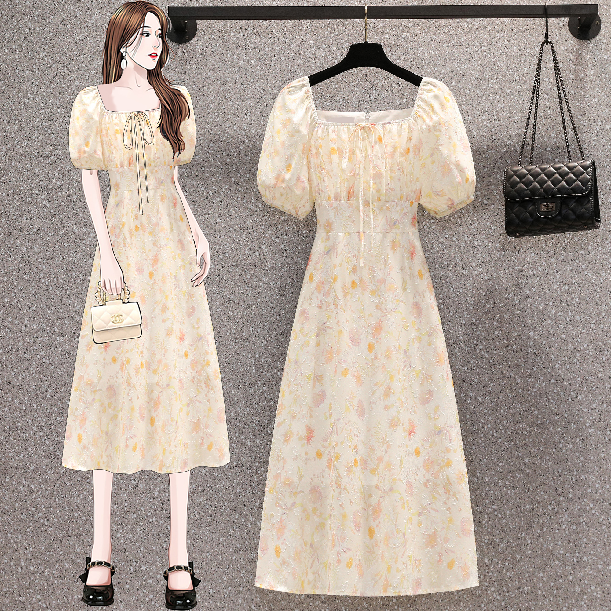 MY14845# 大码新款茶歇女夏季印花高级感气质显瘦法式连衣裙小清新女裝...