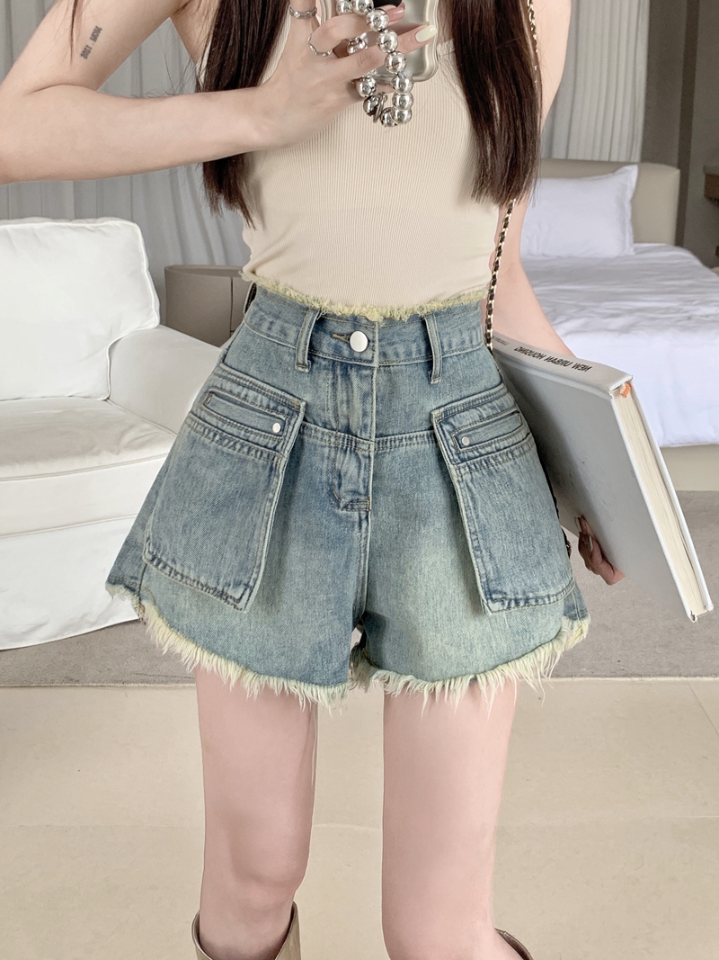 實拍#新款牛仔短褲女設計感工裝大口袋直筒毛邊辣妹褲子