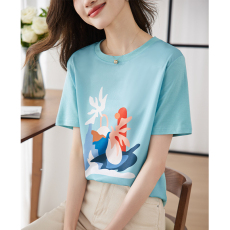 实拍现货 真丝短袖女T恤抽象人物印花夏季新款拼接圆领桑蚕丝上衣