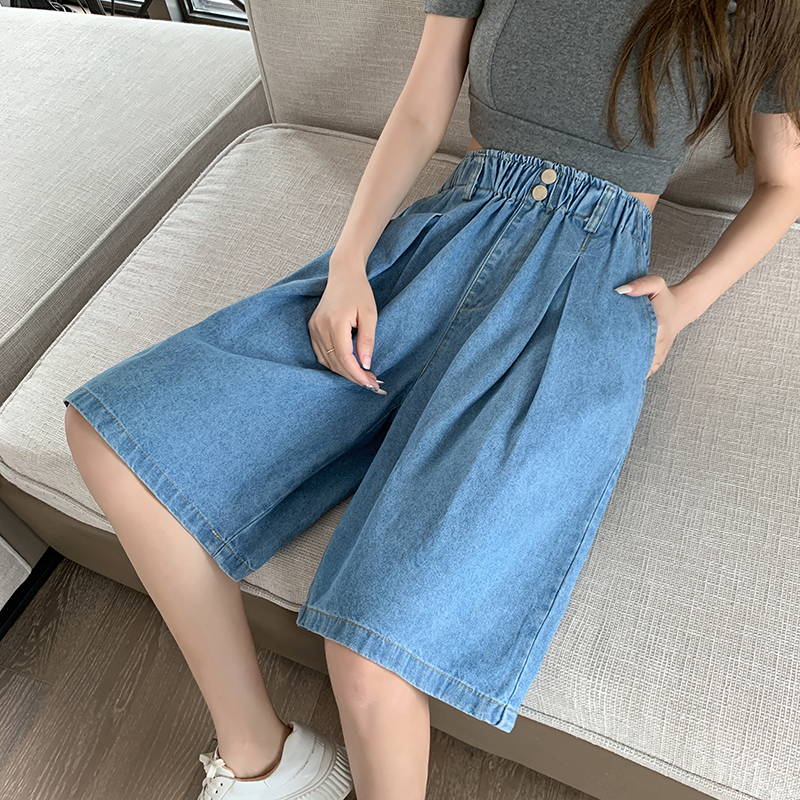 MY9764# 牛仔短裤夏季女潮大码高腰显瘦a字阔腿中裤宽松五分裤网红女裝...
