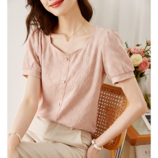 批发好质量重磅银丝爱心印花雪纺衬衫女<b class='q'>夏季</b>甜美风泡泡袖法式方领上衣