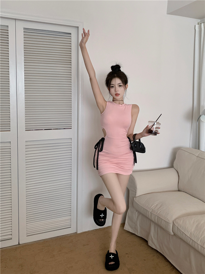 실사 정가 2026 여름 새로운 달콤한 매운맛 나비 넥타이 드레스 홀로우 아웃 허리 수축 민소매 조끼 스커트