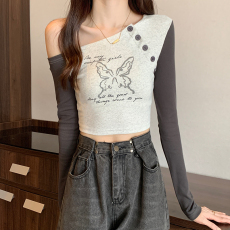 批发春夏新款<b class='q'>明星</b><b class='q'>同款</b>蝴蝶撞色斜肩设计纽扣长袖修身短款T恤女