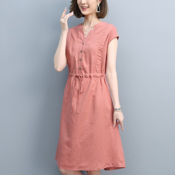 RM11348#大码棉麻连衣裙2023夏季新款小个子中年妈妈收腰遮肚裙子