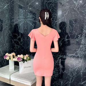 RM11456#性感飞飞袖低胸包臀纯色小短裙夜店连衣裙