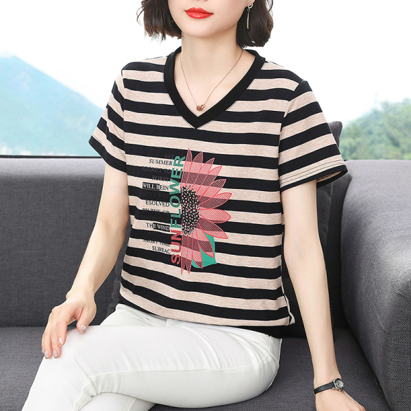 RM14480#夏季新款韩版宽松显瘦V领套头印花烫钻撞色条纹T恤女