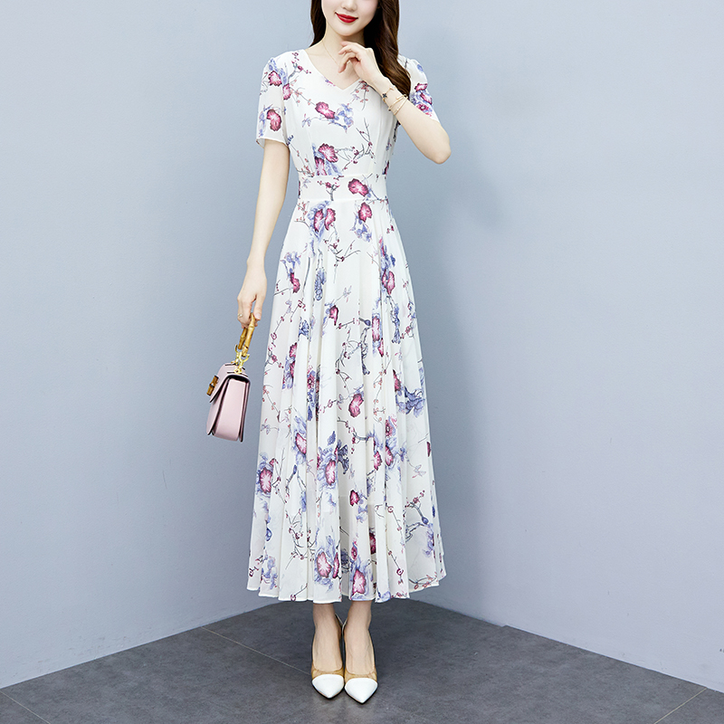 PF26555# 夏季新款雪纺碎花连衣裙大码胖mm收腰显瘦遮肚长裙女裝貨源服裝批發