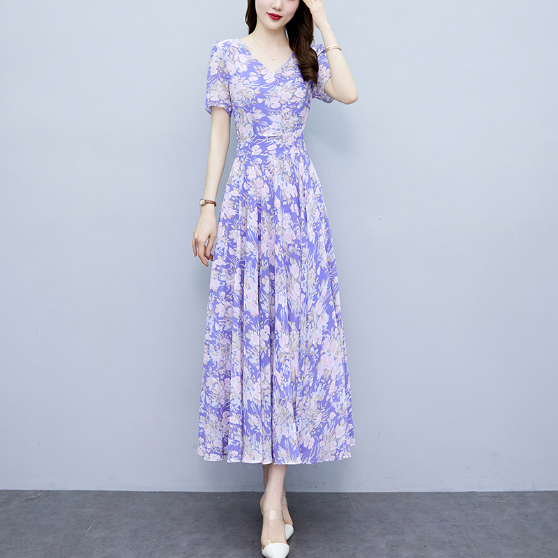 PF26570# 夏季新款雪纺碎花连衣裙大码胖mm收腰显瘦遮肚长裙女裝貨源服裝批發