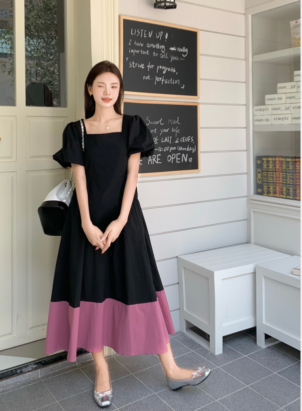 재고 있음 실사 연령 감소 광장 칼라 패치워크 색상 디자인 롱 코트 드레스 슬림해 보이는 거품 소매 부드러운 롱 스커트