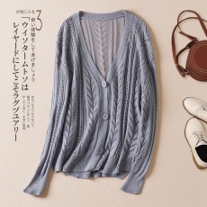 批发春装新款时尚冰曲针织<b class='q'>开衫</b>女镂空<b class='q'>长袖</b>外搭气质薄款外套上衣