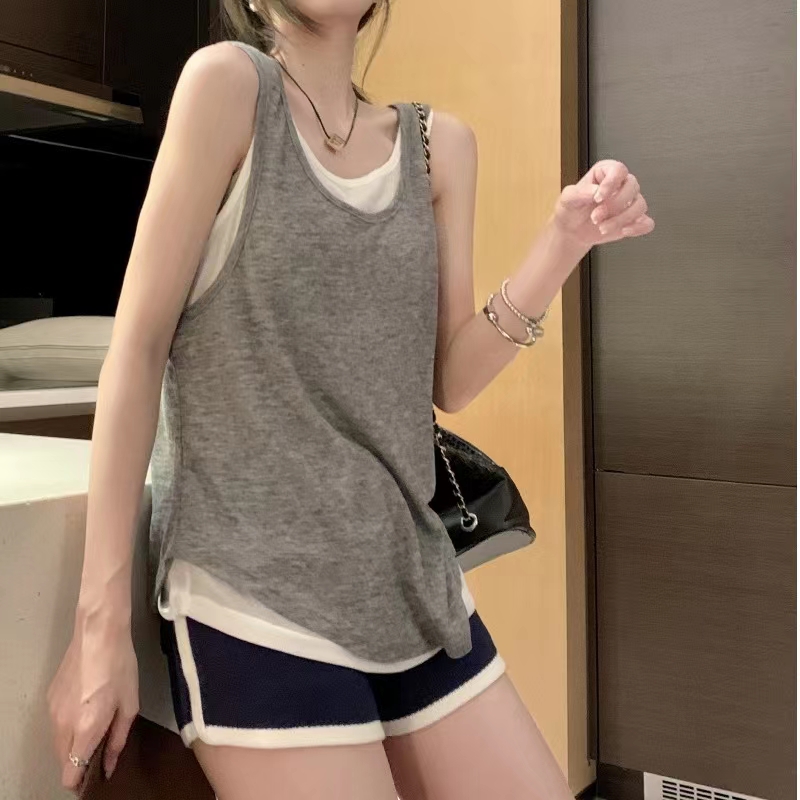얇고 가벼운 통풍 더블 색상 슬림 주제 조끼 아니요 해체 가짜 두 조각 티셔츠 여자
