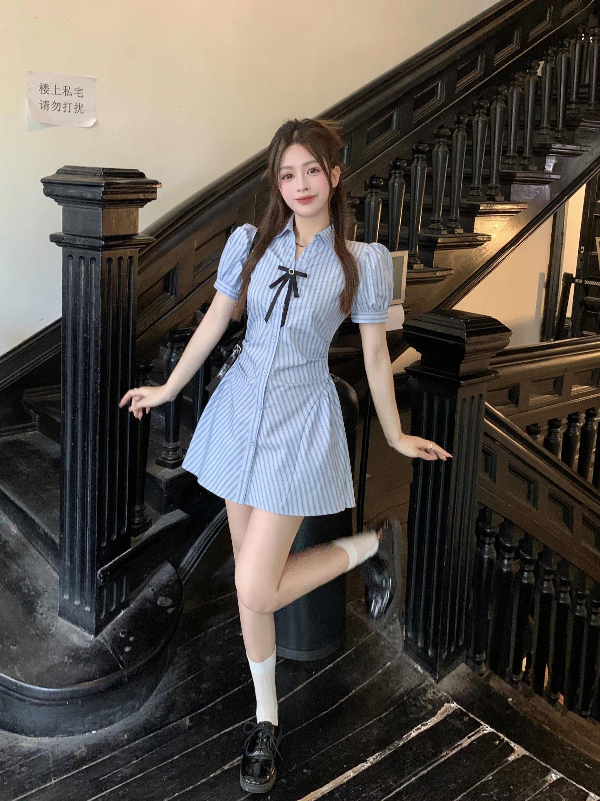 Actual shot and real price~ Blue striped waist slimming shirt dress for women with niche bow design