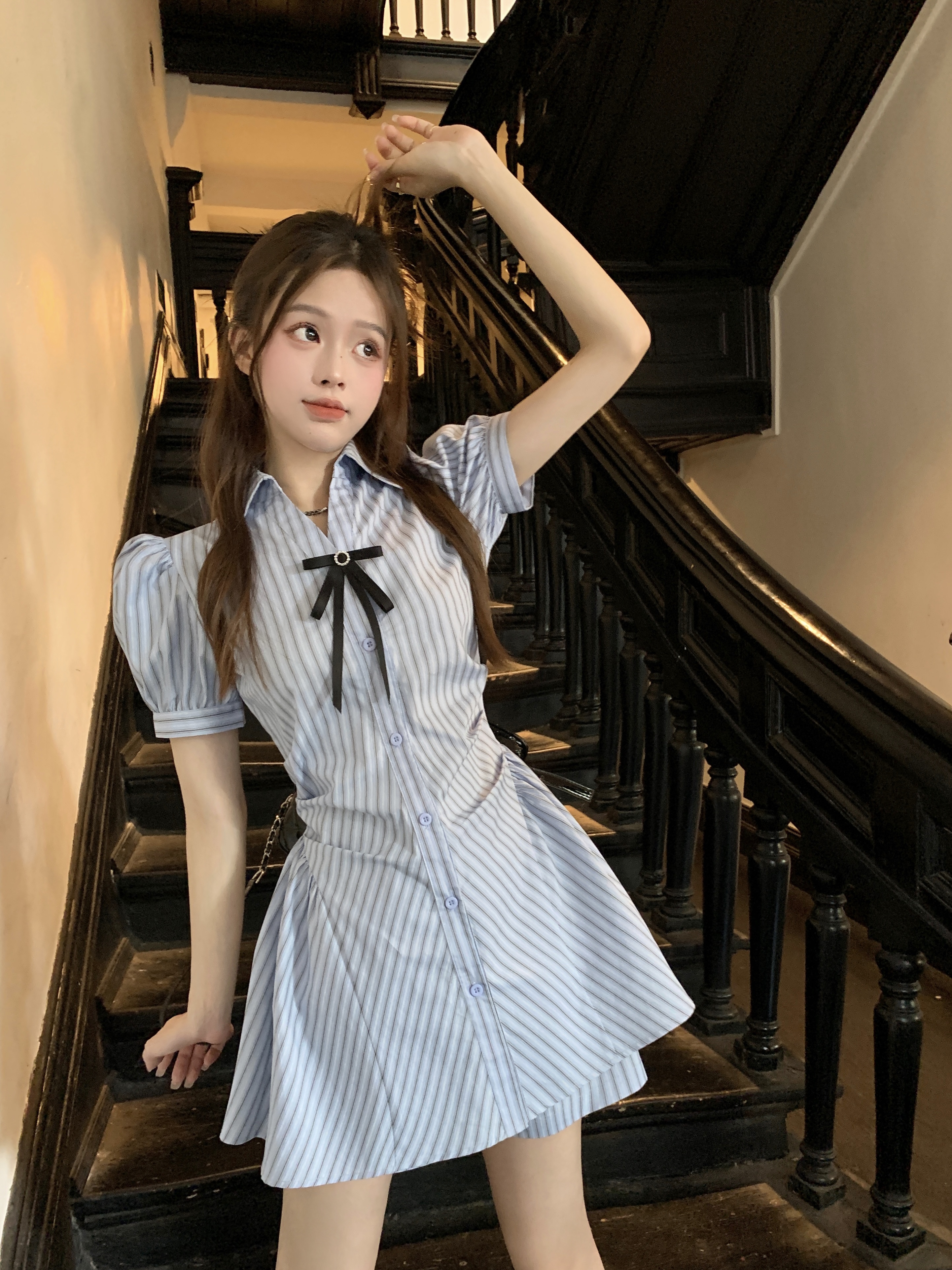 Actual shot and real price~ Blue striped waist slimming shirt dress for women with niche bow design