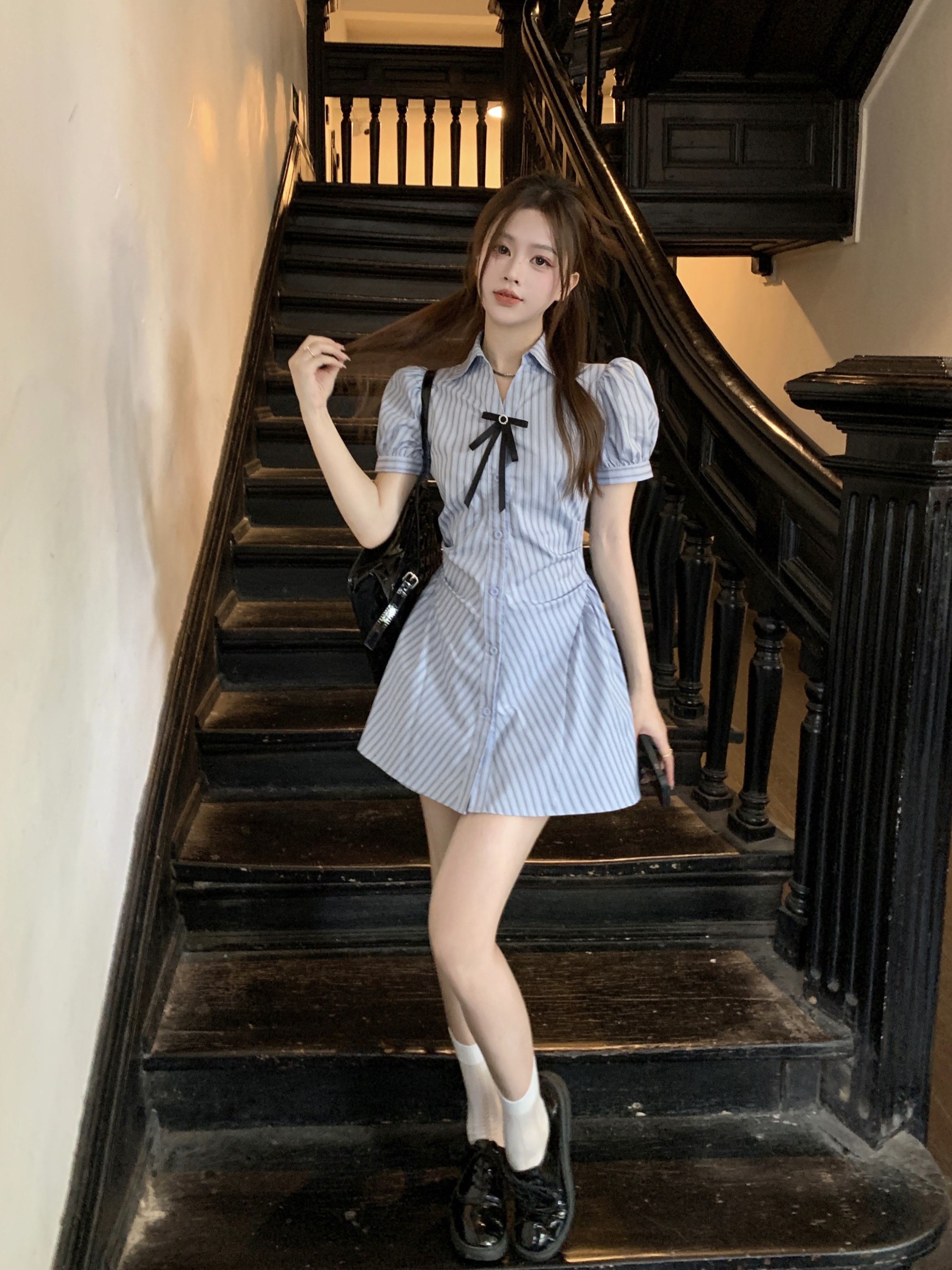 Actual shot and real price~ Blue striped waist slimming shirt dress for women with niche bow design