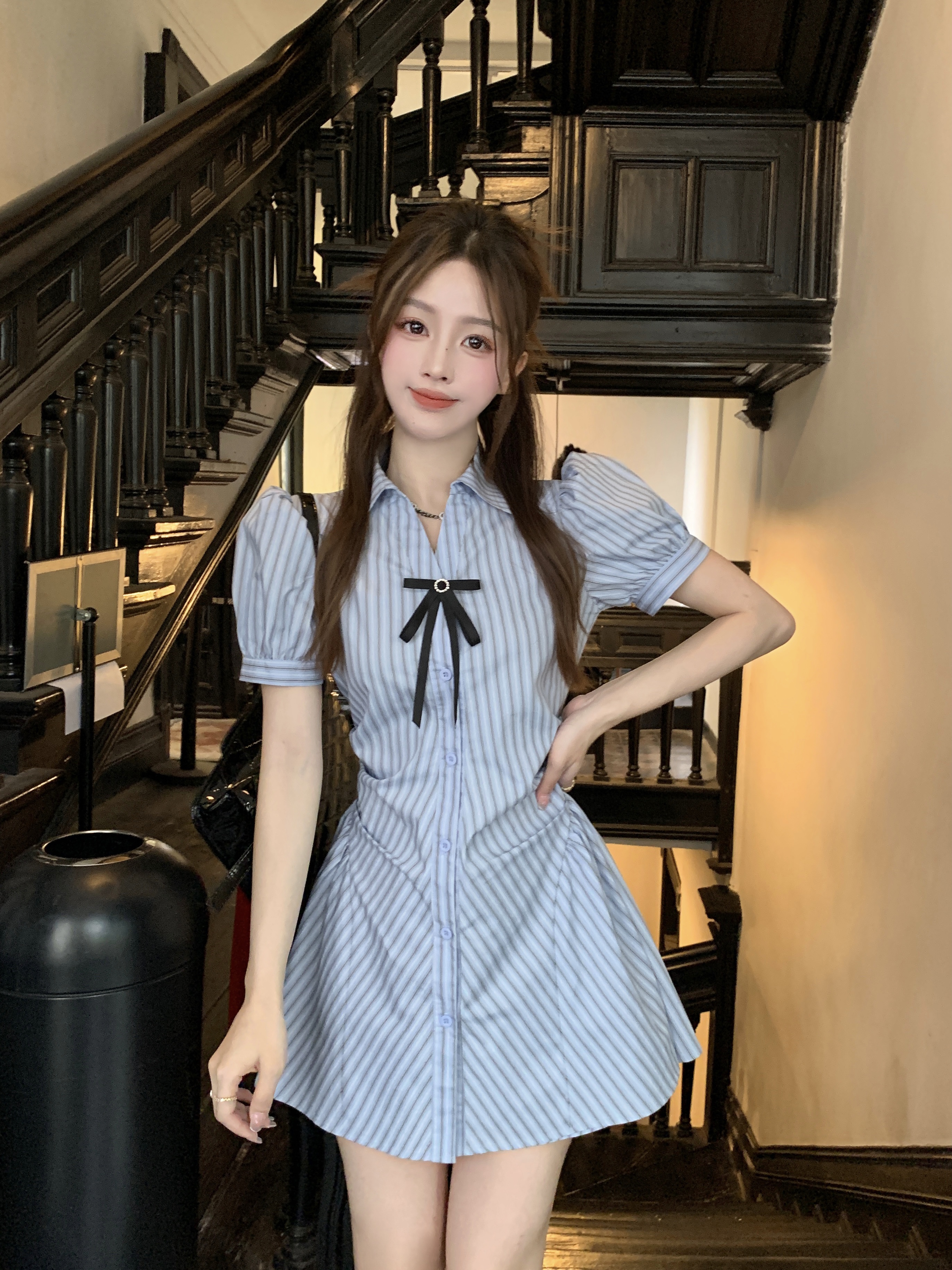 Actual shot and real price~ Blue striped waist slimming shirt dress for women with niche bow design