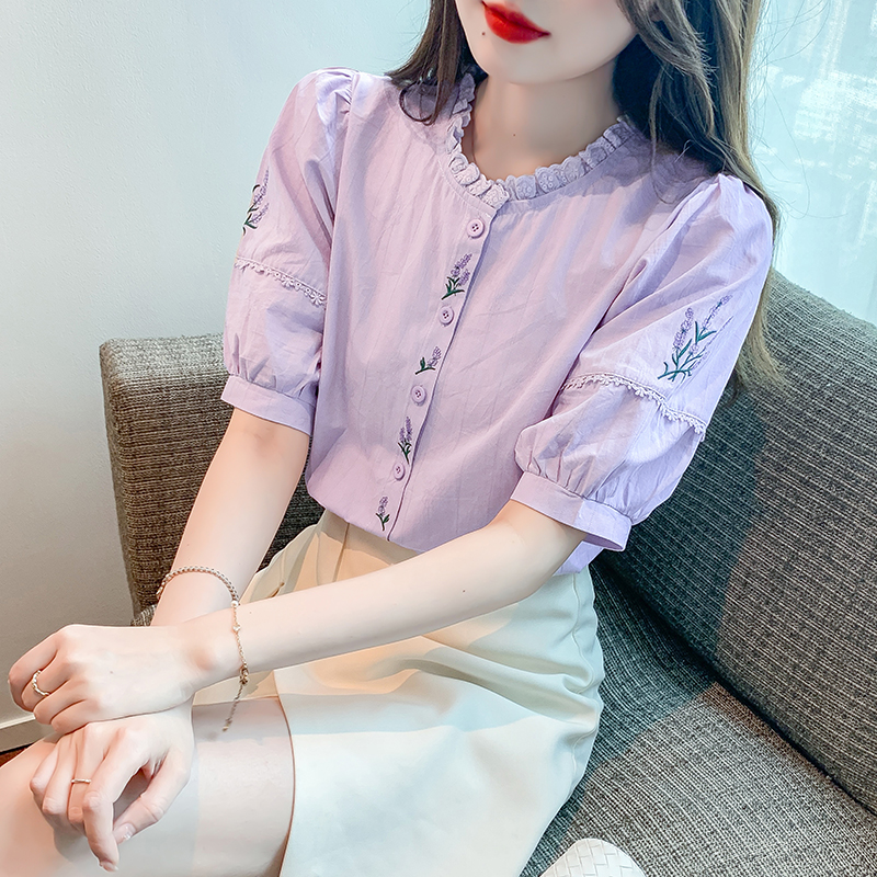 MY1106# 新款泡泡袖文艺镂空娃娃领减龄短袖衬衫女裝貨源服裝批發