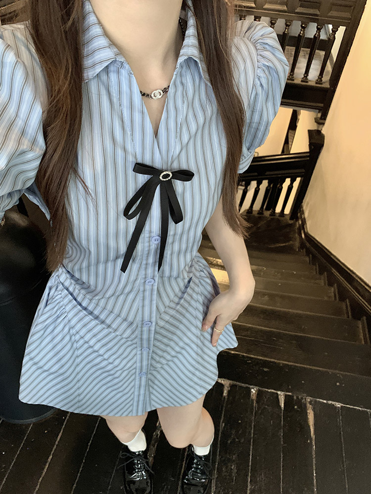 Actual shot and real price~ Blue striped waist slimming shirt dress for women with niche bow design