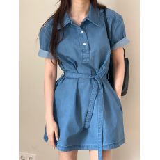 批发现 衬衫领系腰带A字短袖<b class='q'>牛仔</b><b class='q'>连衣裙</b>短裙夏