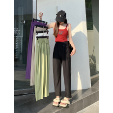 批发实拍 <b class='q'>糖果</b>彩<b class='q'>色</b>垂感冰丝<b class='q'>西装</b>女夏薄宽松高级感雪纺九分直筒休闲裤