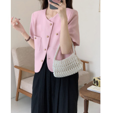 批发实拍2025<b class='q'>夏</b>新款短袖小香风西装气质金属扣法式外套小个子上衣