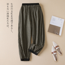 批发实拍新款复古色织亚麻休闲文艺格子裤显瘦<b class='q'>哈伦裤</b>格纹裤